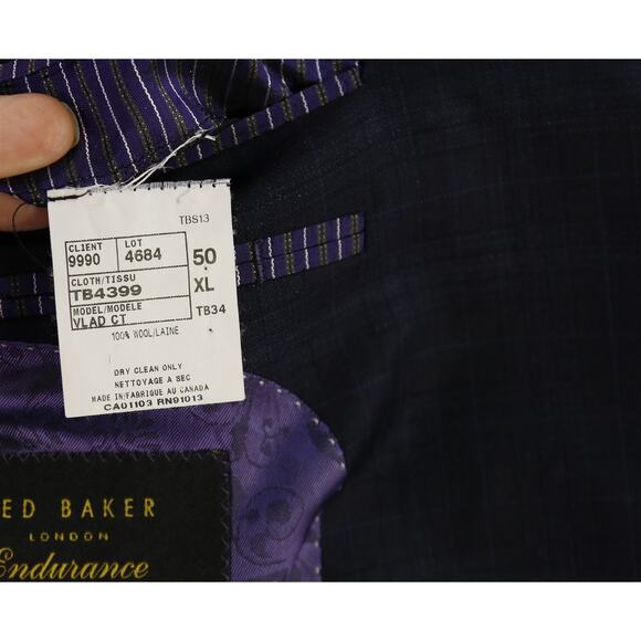 Ted Baker Mens Navy Blue Subtle Checkered 2-Btn Wool Blazer Jacket 50XL - Picture 9 of 9